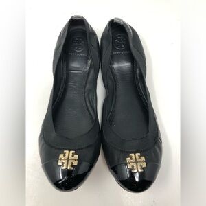 Tory Burch Ballet Flat Black Gold Leather Size 8